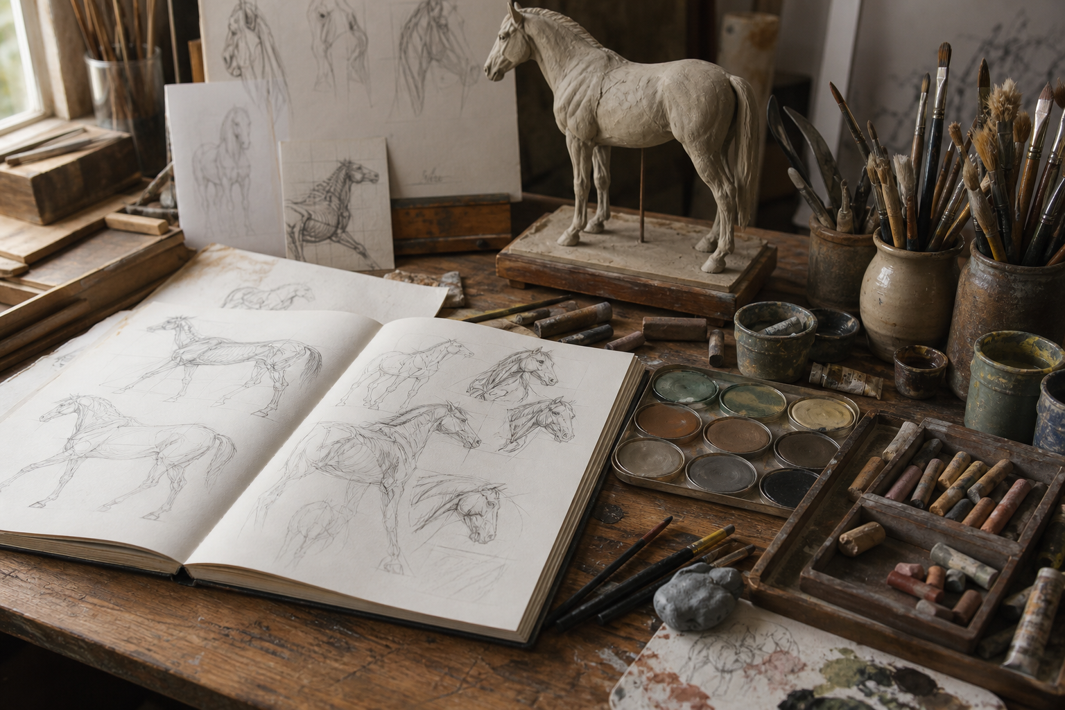 Equine artist's desk with horse sketches, brushes, paints and pastels