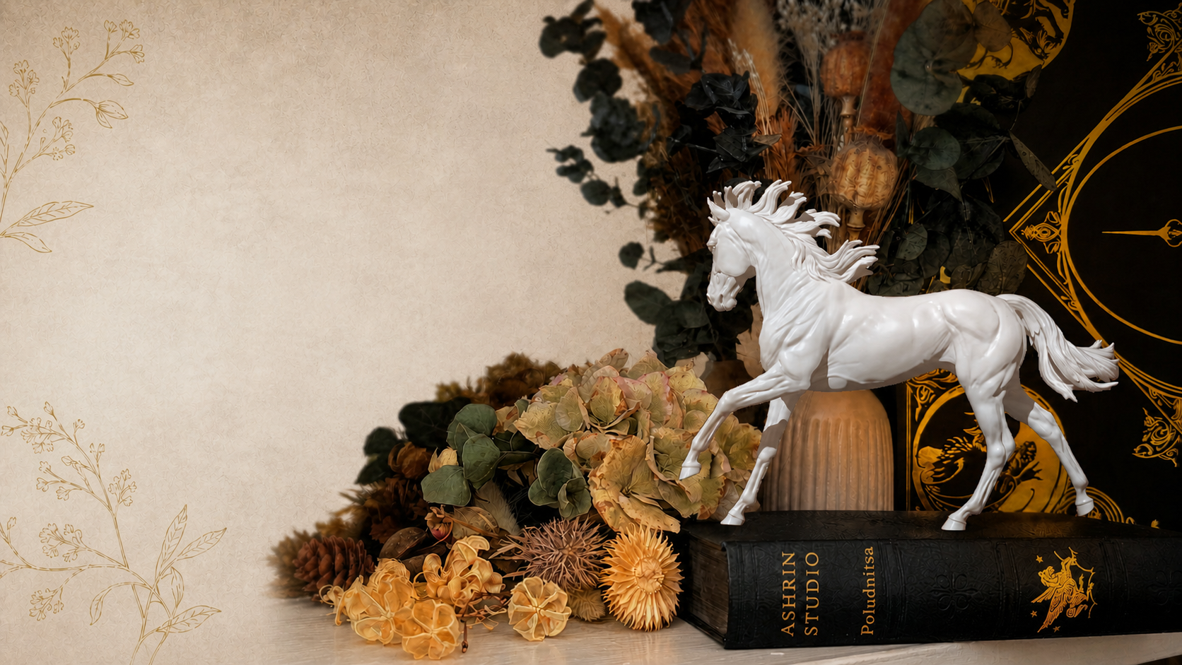 White horse sculpture among flowers and books