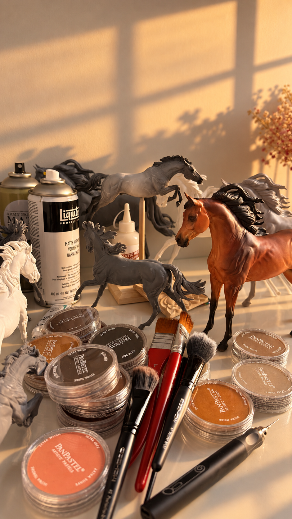 Equine artist's workspace with horse sculptures, paints and brushes in warm sunlight